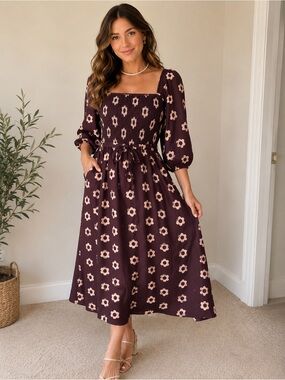 Women’s Floral Smocked Midi Dress - Brown and Cream